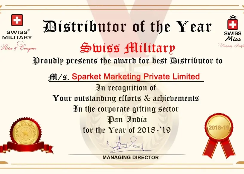 Swiss Military Distributor of the Year certificate awarded to Sparket Marketing Private Limited